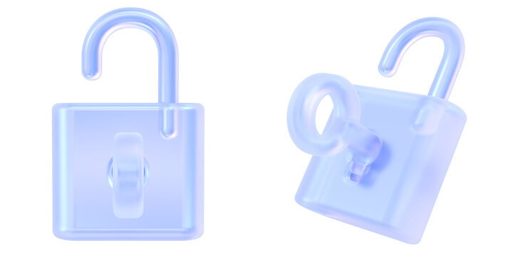 3D unlocked padlock icon isolated on transparent background, concept of access, open security and key. Transparent Liquid Glass icon. 3D rendering. Front and Angled Perspective View.