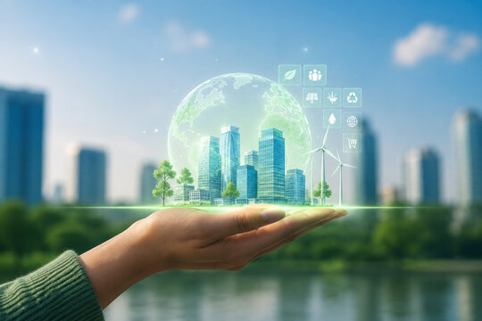 AI generated Renewable Energy Smart City concept featuring sustainable buildings clean energy digital innovation green infrastructure environmental technology for resilient future