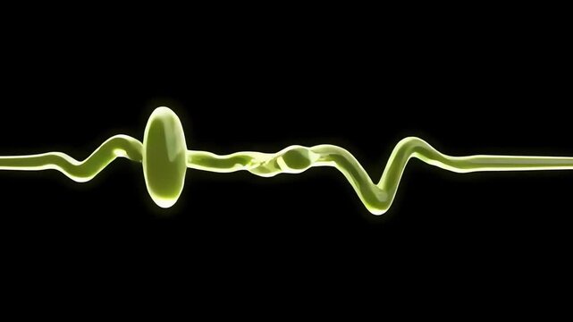 A luminous yellow pulse waveform undulates across the darkness representing vital signs while a singular glowing oval structure creates a focal point amidst the rhythmic electronic data stream