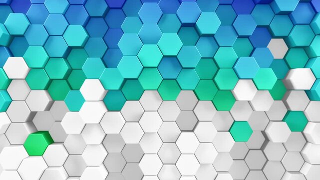 3d rendered patterned hex shapes background in white and a rainbow of color. Abstract backgrounds of hexagonal patterns in a spectrum of looping colors. Collage of hexagons in smooth loop movement.