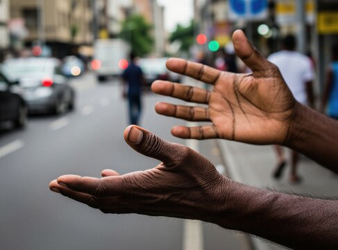 Close-up of outstretched hands seeking aid on a busy city street with blurred traffic and pedestrians. Man asks for help, showing vulnerability. Concept of urban poverty indifference and need.