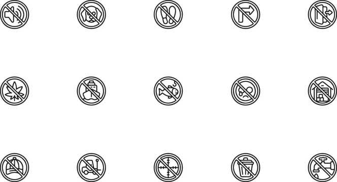 Outline vector icon set featuring public restriction signs including no dogs allowed no shoes no right turn no littering and no pests for safety ui design