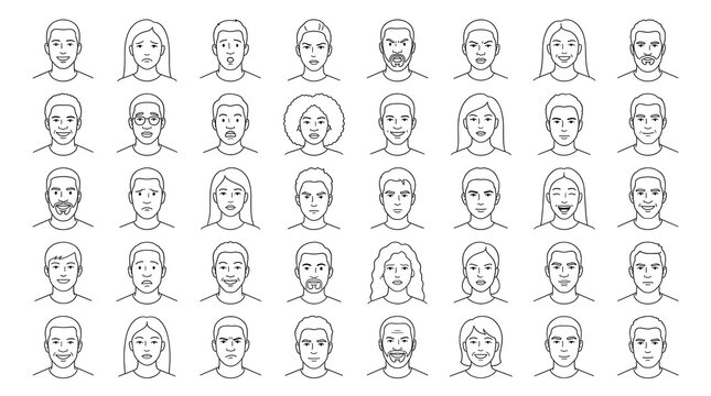 Diverse Collection of Human Face Portraits and Character Avatar Icons in Minimalist Line Art Style for Web Design