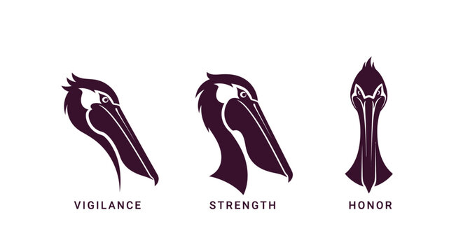 Three elegant pelican head silhouettes with virtues labeled.