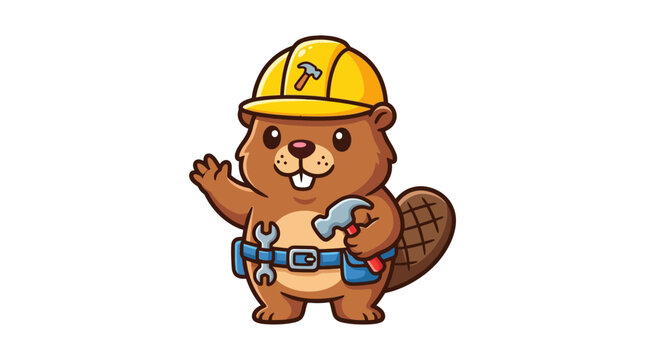 Cute kawaii beaver construction worker wearing yellow hardhat, featuring adorable cartoon animal mascot design with playful building and construction theme.
