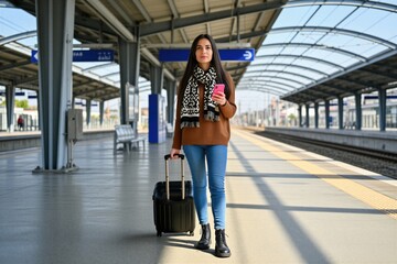 Naklejka premium Young woman with suitcase and phone waits on train platform. She is ready for travel or vacation. Female passenger prepares for journey on railway. She stands on station.