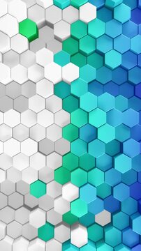 3d rendered patterned hex shapes background in white and a rainbow of color. Abstract backgrounds of hexagonal patterns in a spectrum of looping colors. Collage of hexagons in smooth loop movement.