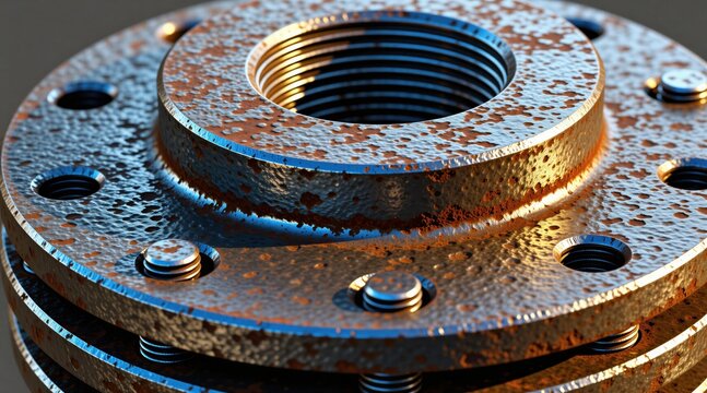 Stack of rusty metal flanges with visible bolt holes and threads. Light shines off textured surfaces showing industrial material. Construction part detail.