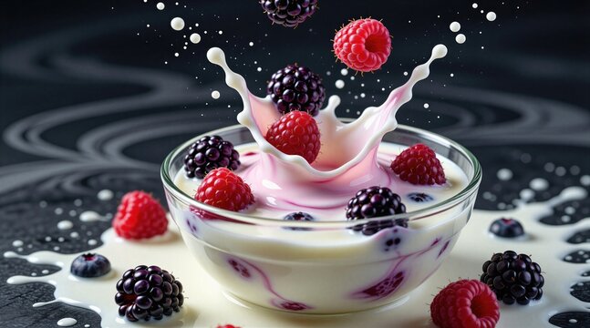 Ripe raspberries and blackberries fall into creamy milk creating splash. Fresh berries float in white liquid. Delicious sweet dessert looks refreshing and healthy.