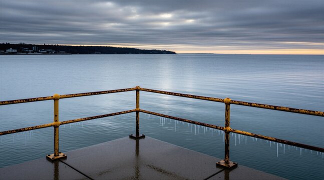 Concrete pier with yellow handrail extends over calm, rippling water. Cloudy sky at dusk creates a moody, atmospheric scene. Icicles hang from the rail.