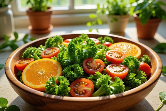 Wooden bowl filled with fresh broccoli florets, cherry tomato halves, orange slices, and curly parsley. Healthy vegetarian meal ready for serving, bright natural light.