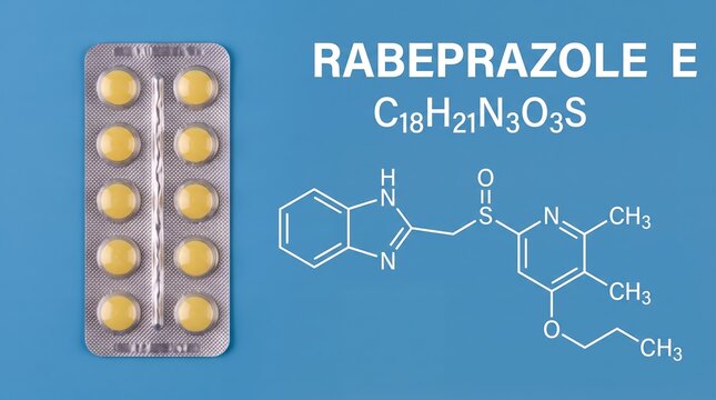 A blister pack of yellow round pills is displayed next to the chemical structure and molecular formula of Rabeprazole C H N O S medicine pharmaceutical drug medication treatment