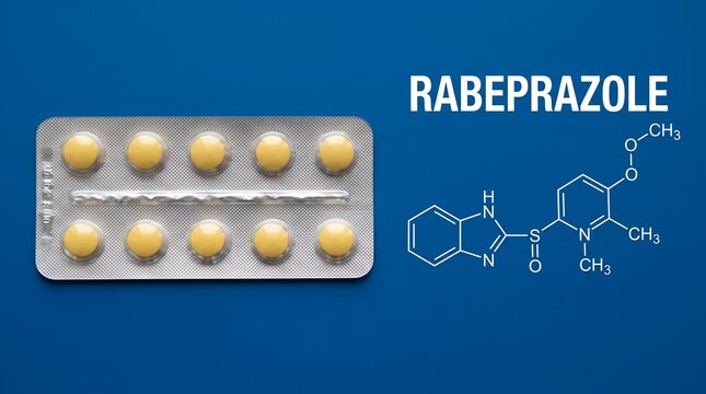 Pharmaceutical blister pack containing yellow tablets alongside the chemical structure of Rabeprazole emphasizing its medicinal compound medicine drug medication health healthcare