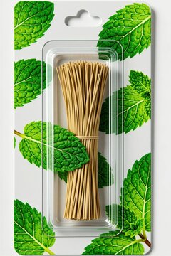 Natural miswak sticks packaged with mint leaves. Oral hygiene product for clean teeth and fresh breath. Sustainable and organic dental care item.