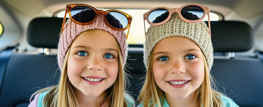 Two happy twin girls with blue eyes wear knit hats and sunglasses in a car. Smiling siblings enjoy road trip fun, ready for adventure on vacation. Childhood joy and travel memories.