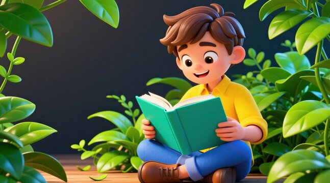 Smiling boy reads book outdoors among green plants. Young child sits on wooden floor learning and enjoying story. Cute 3d character has fun with outdoor nature.