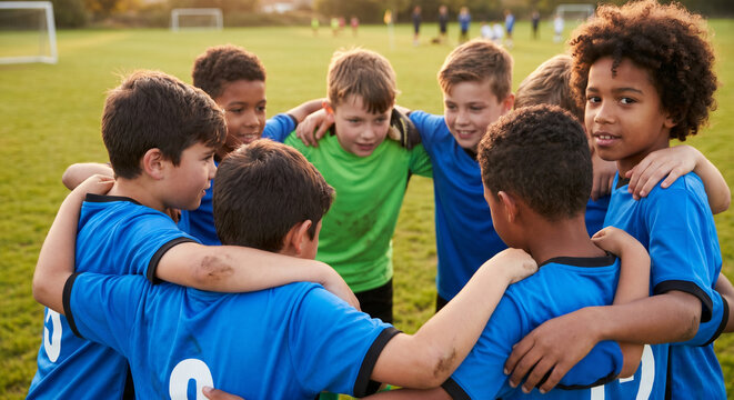 Young boys in blue soccer jerseys huddle together on green field