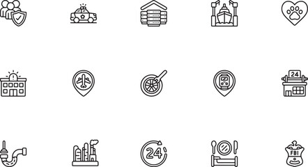 Travel destination and city location map pin outline vector icon set featuring police cars log cabins airports food dining spots and hotel buildings © jesmin_