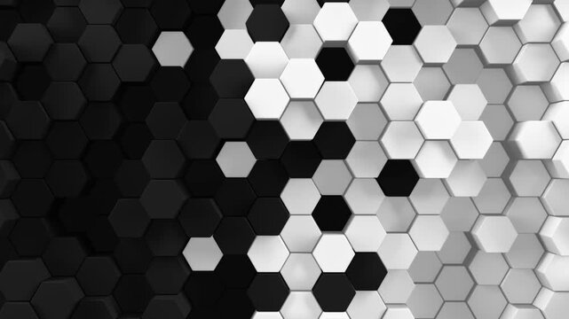 Black and white background of patterned hexagons. Smooth moving 3d rendered hex shapes creating a visual of sleek elegant motion for futuristic scientific or technical backgrounds. 3d render loop.