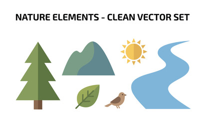 Naklejka premium Clean Vector Set of Nature Elements Including Tree, Mountain, Sun, River, Leaf, and Bird for Graphic Design