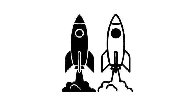 Minimal black silhouette icon, simple flat vector, bold black shape, no gradients, no shading black and white rocket ship icons set on a, flat icon style