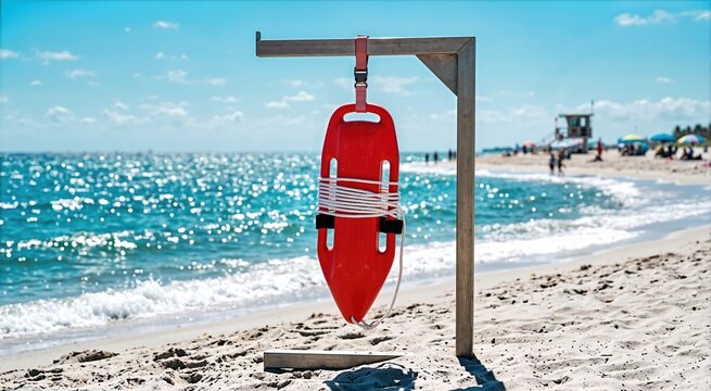 Red lifeguard rescue buoy hanging on stand at sandy beach. Lifesaving equipment with ocean and waves in background