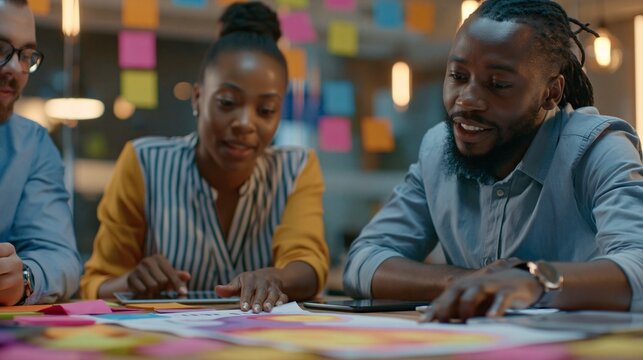 Close medium shot emphasizing focused expressions of a collaborative microfinance group reviewing risk heatmaps with vibrant sticky notes and devices softly fading into the heated