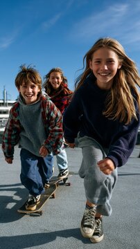 Three happy children skateboarding together on a sunny day with blue sky