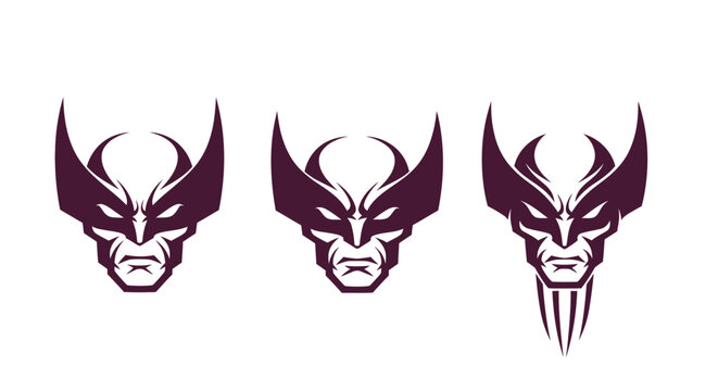 Three stylized purple wolf head logos with sharp details.