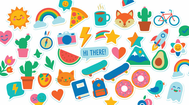 Colorful assorted food and object stickers.