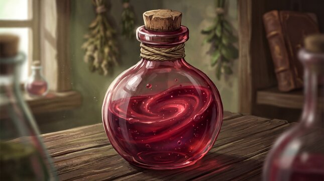 fantasy potion design, a hand-painted potion bottle with swirling crimson liquid and a cork