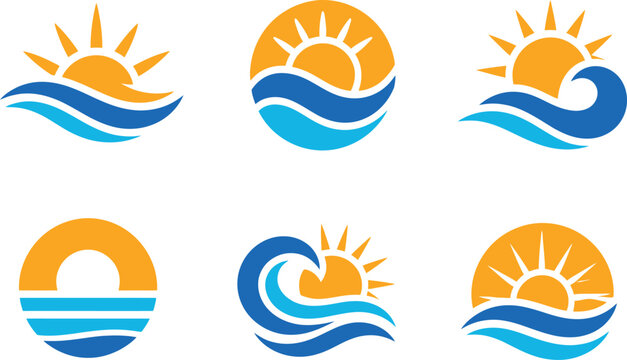 Collection of six colorful coastal logo designs featuring rising suns, ocean waves, circular emblems, and modern abstract shapes. Ideal for beach resorts, travel agencies, surf brands, tourism busines