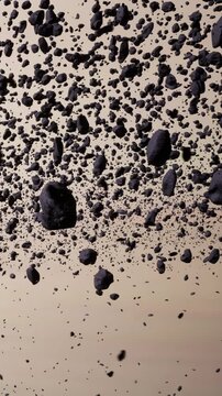 Rocks and stones are scattered and floating in space. The background shows a desert view with the sky turning dark. The scene captures the vastness of space and earth combined.