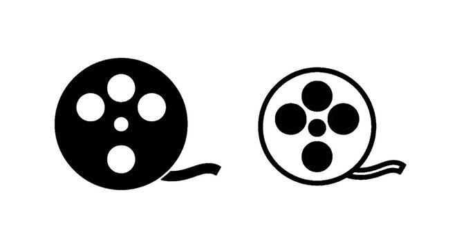 Minimal black silhouette icon, simple flat vector, bold black shape, no gradients, no shading film reel icon set, cinema movie roll symbol, vector illustration on a, flat icon style