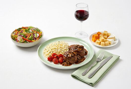 Filet mignon medallion with mushroom jus, cauliflower and Asiago cheese rice, and fresh salad, accompanied by a cheese assortment and a glass of red wine on a white linen tablecloth.