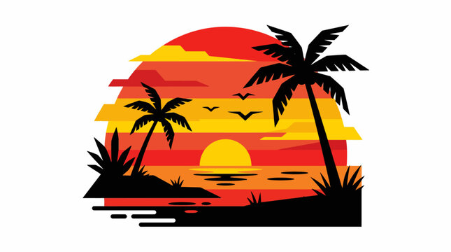Vibrant Tropical Sunset Beach Illustration with Palm Trees Silhouettes and Flying Birds over the Ocean