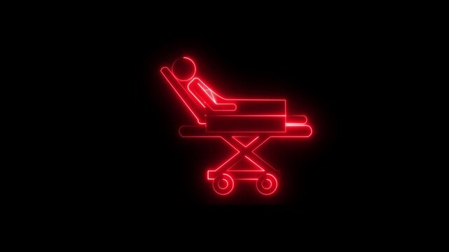 Glowing neon medical stretcher icon animation on a black background representing emergency transportation, patient care, ambulance services, hospital equipment, and healthcare
