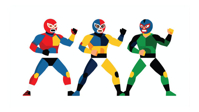 Colorful superhero characters in dynamic poses with masks and costumes creating an energetic comic style image