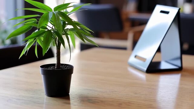 A small potted plant sits beside a minimalist metallic sign on a wooden table. Blurred background with chairs
