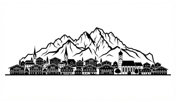 Garmisch Partenkirchen Germany minimalist black and white skyline vector with Bavarian alpine mountains