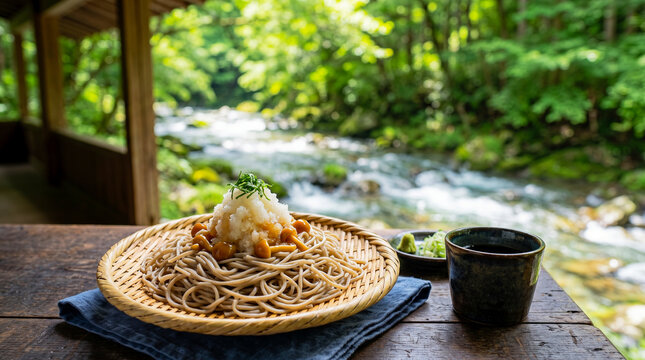 Healthy chilled soba noodles with grated radish and nameko mushrooms on a bamboo strainer by a beautiful clear mountain stream in summer.