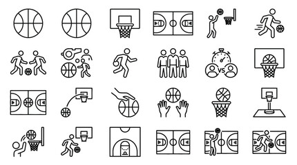 Fototapeta premium Vector Icons Basketball sports icon set with outline thin line style featuring players courts and equipment. EPS Editable