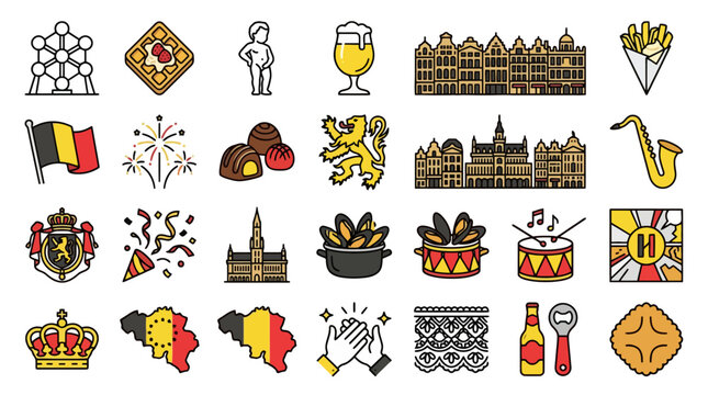 Vector Icons Belgium travel and culture hand drawn doodle icon set. EPS Editable