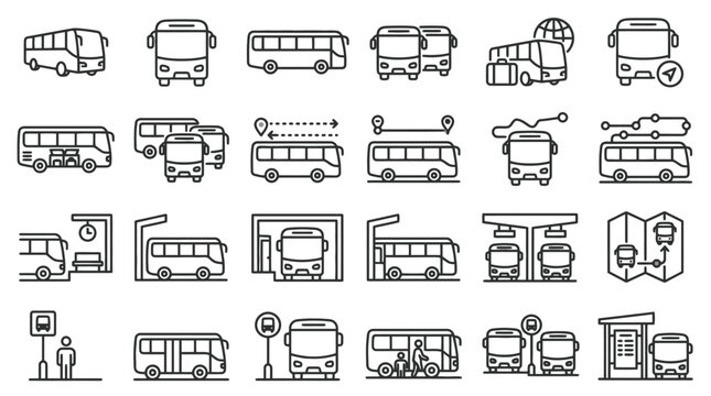 Vector Icons Bus transportation and public transit line icon set for travel and urban commuting. EPS Editable