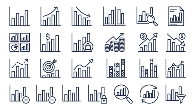 Vector Icons Business Data Analysis and Financial Growth Chart Icon Set in Hand Drawn Doodle Style. EPS Editable