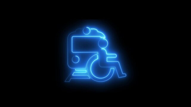 neon wheelchair accessible public transport icon animation on a black background representing inclusive mobility, accessible transportation, disability access, and universal design. Futuristic line.