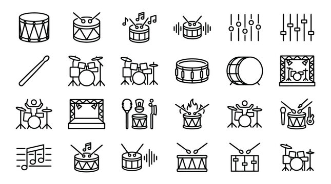Vector Icons Collection of music drum and percussion instrument line icons for concert and studio equipment. EPS Editable