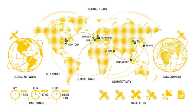 Global Trade Network: World Map, Connectivity, Satellites, Time Zones, Data Connect