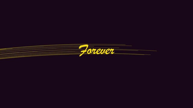 Forever gold script text animation with moving lines on dark 4k background, typography