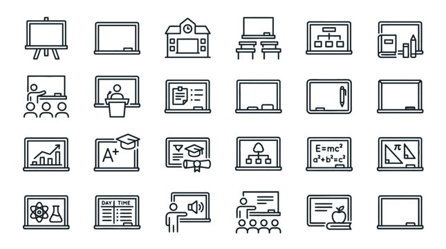 Vector Icons Hand drawn education and school icons set featuring blackboards and classroom elements. EPS Editable
